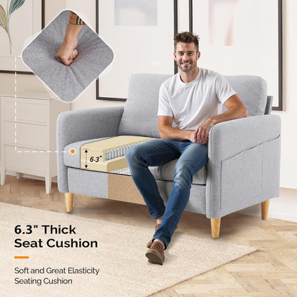 VINGLI 47" Small Couch, Linen Loveseat Sofa Light Grey Mini Couch Mid Century Modern Decor Love Seat for Small Spaces Living Room, Bedroom, Play Room