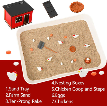CypherX Chicken Zen Garden Sand Tray Therapy Kit with Miniature Chicken Coop, Hen Figurines Mini Zen Garden Kit Gift Office Desk Decor Fidget Stress Relief