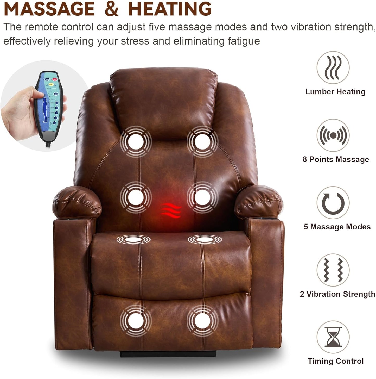 SALOHZA Power Lift Recliner Chair for Elderly with Massage and Heat for Living Room, Electric Recliner Chair for Adults with USB/Type C Port/Cup Holders, PU Faux Leather, Light Brown