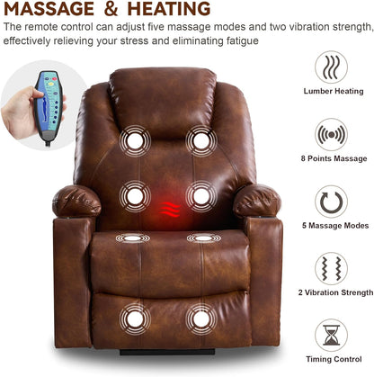 SALOHZA Power Lift Recliner Chair for Elderly with Massage and Heat for Living Room, Electric Recliner Chair for Adults with USB/Type C Port/Cup Holders, PU Faux Leather, Light Brown