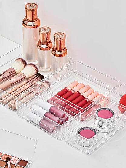 SMARTAKE 16-Piece Drawer Organizer with Non-Slip Silicone Pads, 5-Size Desk Storage Tray for Makeup, Jewelries, Utensils in Bedroom Dresser, Office and Kitchen, Clear
