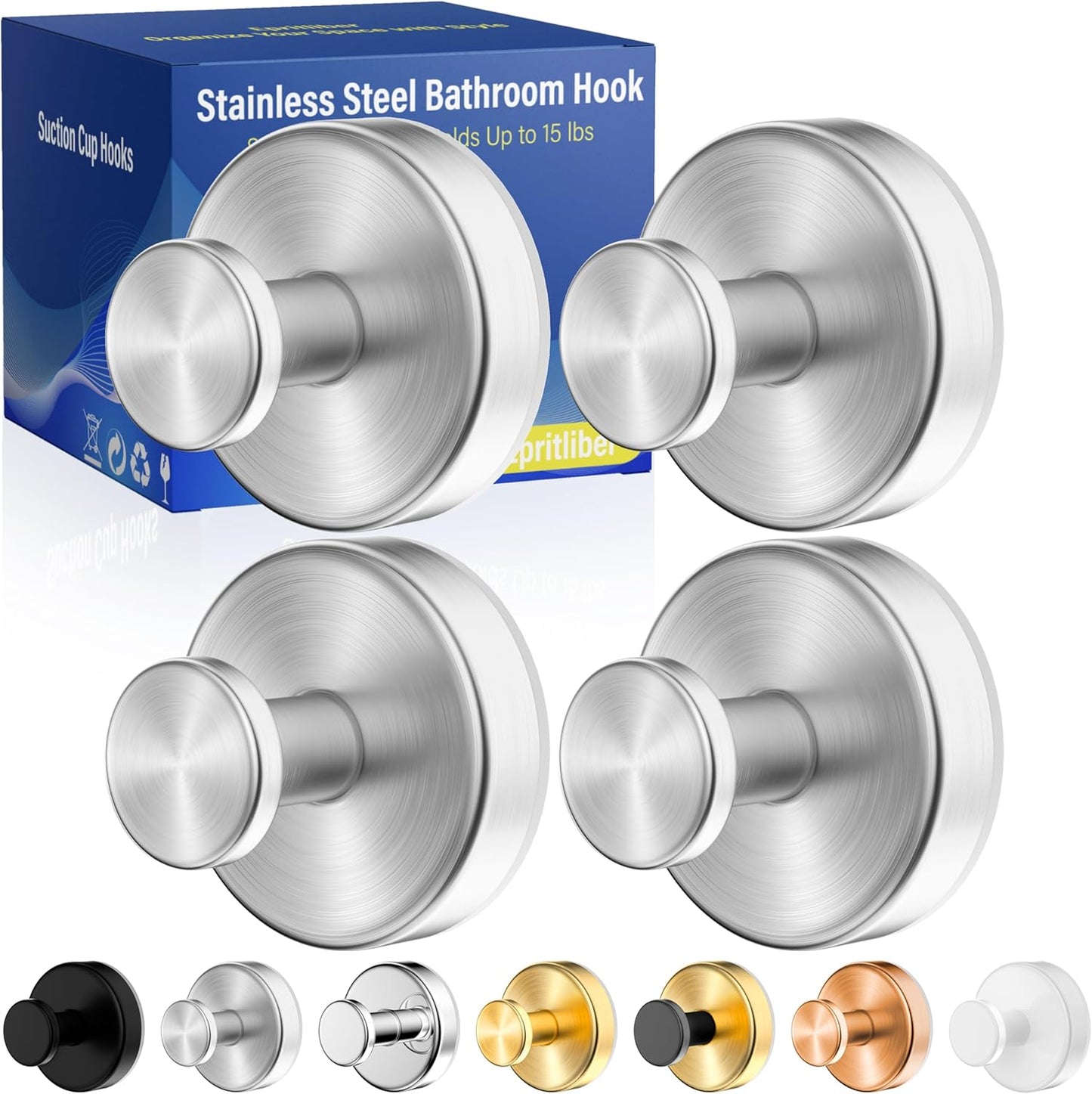 Suction Cup Hooks for Shower,Removable No Drill Towel Hooks,Upgraded 15 lbs Strong Suction hooks for Bathroom Tile,Shower Wall,Glass Door,Kitchen-Loofah,Coat,Stainless Waterproof-Silver 4 Pcs