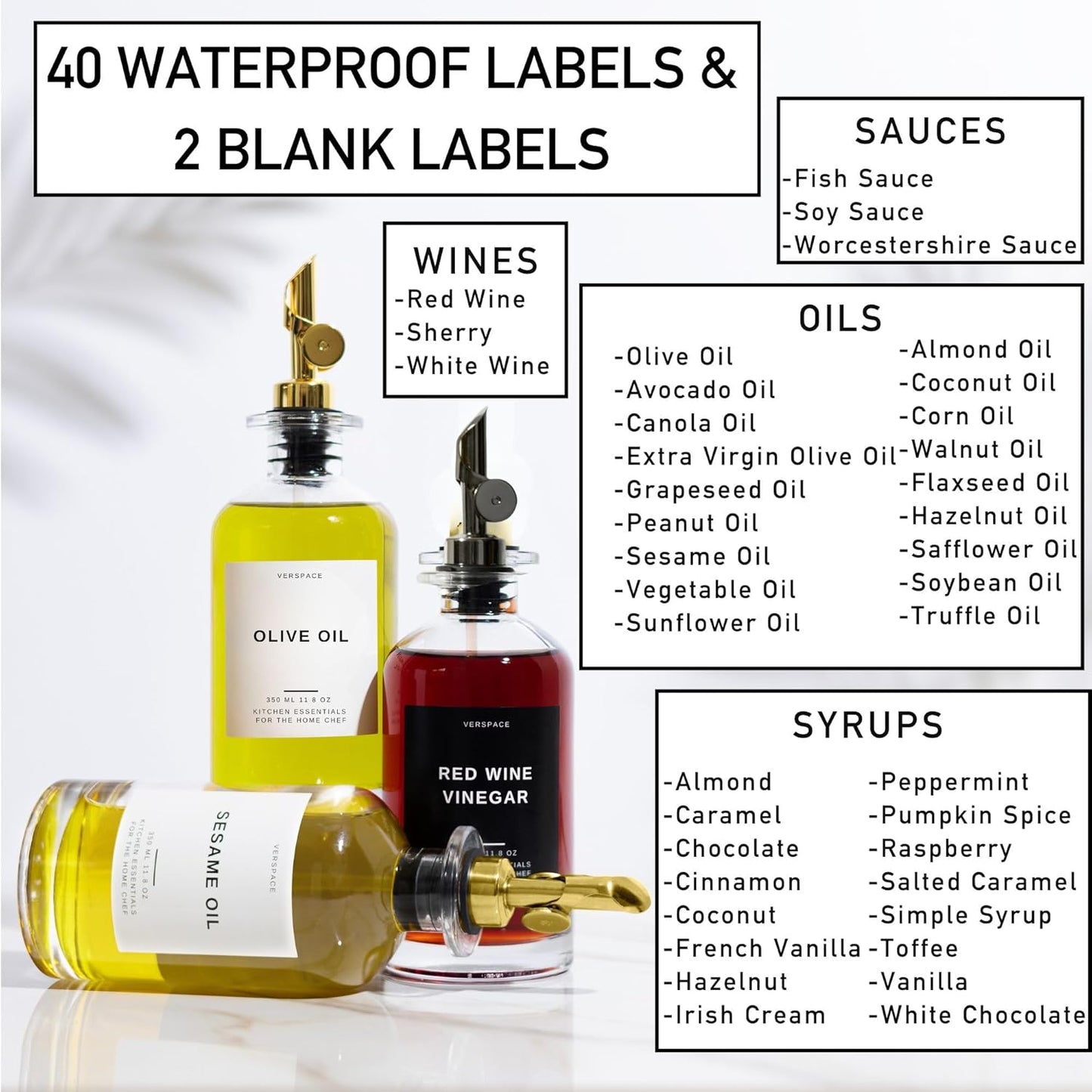 Olive Oil Dispenser Bottle For Kitchen With Silicone Tray & 40 Labels, Soy Sauce Dispenser, Coffee Syrup Dispenser, Olive Oil Bottles Set Of 2, Gold