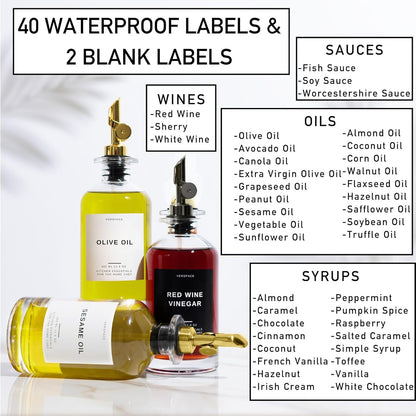 Olive Oil Dispenser Bottle For Kitchen With Silicone Tray & 40 Labels, Soy Sauce Dispenser, Coffee Syrup Dispenser, Olive Oil Bottles Set Of 2, Gold