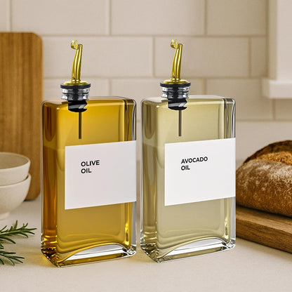 Olive Oil Dispenser Bottle - Includes 44 Kitchen Essential Labels - Cooking Oil Bottles for Kitchen, Coffee Syrup Dispenser - Pourer Spout with 11.8 fl oz Glass Container Cruet - 4pcs, Gold
