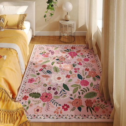 Area Rug 4x6 Rug Washable Boho Rugs Non Slip Low Pile Floral Small Carpet for Bedroom, Bedside, Kids Room, Office, Dining Room(Pink)
