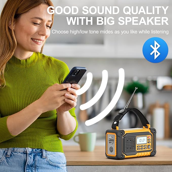 Emergency Weather Radio, AM/FM/SW/NOAA Hand Crank Radio with 37000mWh/10000mAh Portable Large Capacity, USB/Solar/Hand Crank Charging, AAA Battery Operated, SOS Alarm & Flashlight (Yellow)