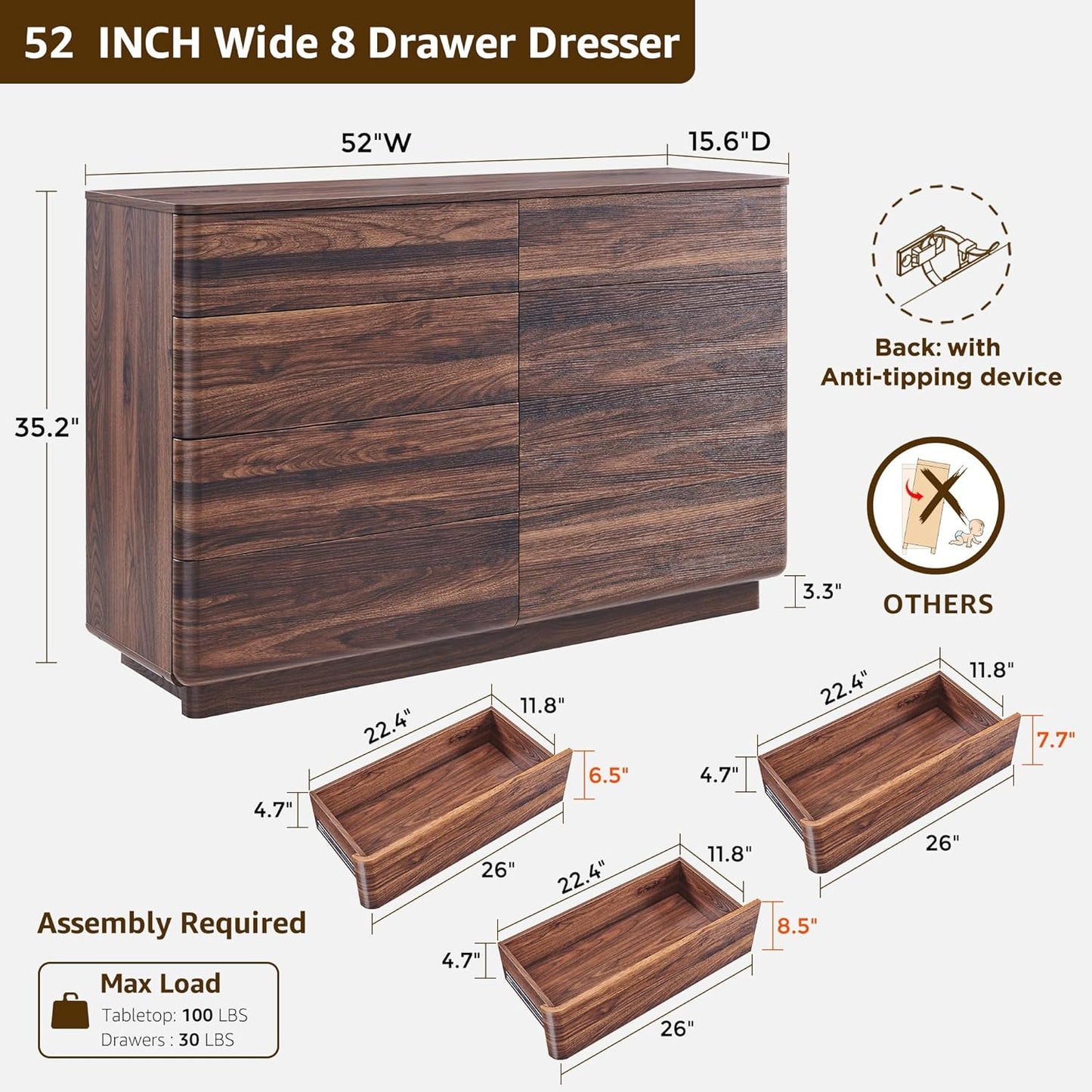 8 Drawer Dresser for Bedroom, 52 Inch Wide Modern Chest of Drawers, Push-to-Open Wood Storgae Organizer with Large Drawers for Bedroom, Living Room, Hallway,Brown