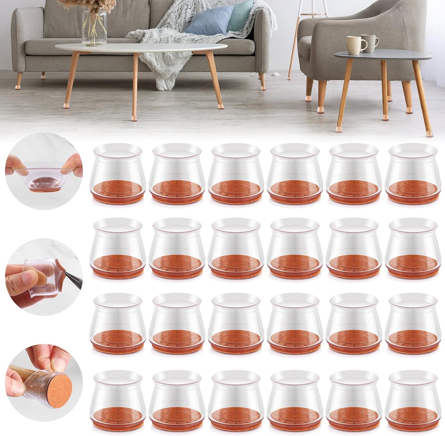Upgraded Silicone Chair Leg Floor Protectors for Hardwood Floors, Furniture Sliders, Felt Bottom Furniture Pads, Round&Square Cap Covers to Scratch and Reduce Noise, Transparent, 24pcs