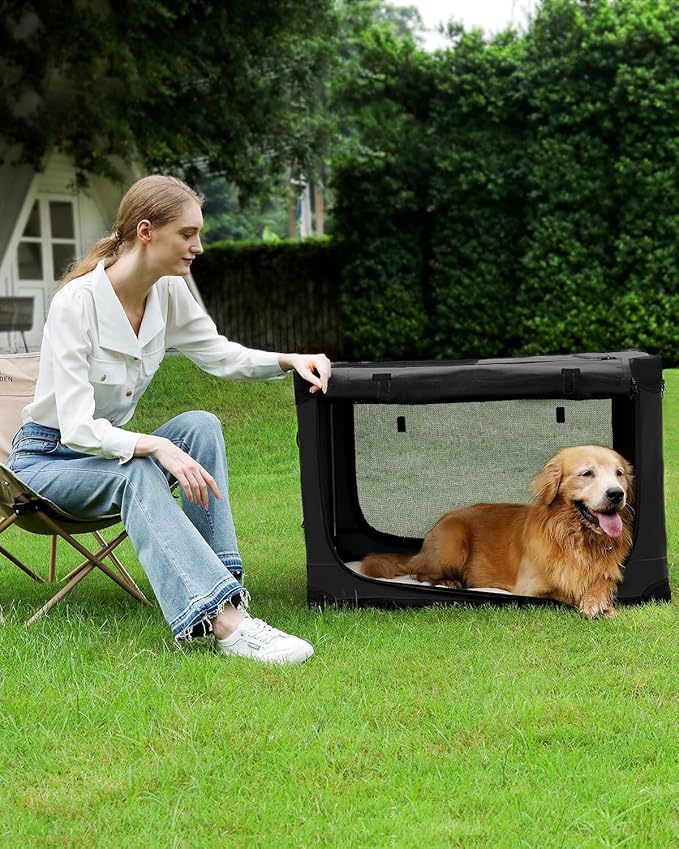 24-Inch Collapsible Travel Dog Crate, Portable 4-Door Soft Kennel for Medium to Large Dogs, Chew-Proof Mesh Windows, Indoor/Outdoor Use, Foldable, with Storage Bag (Black)