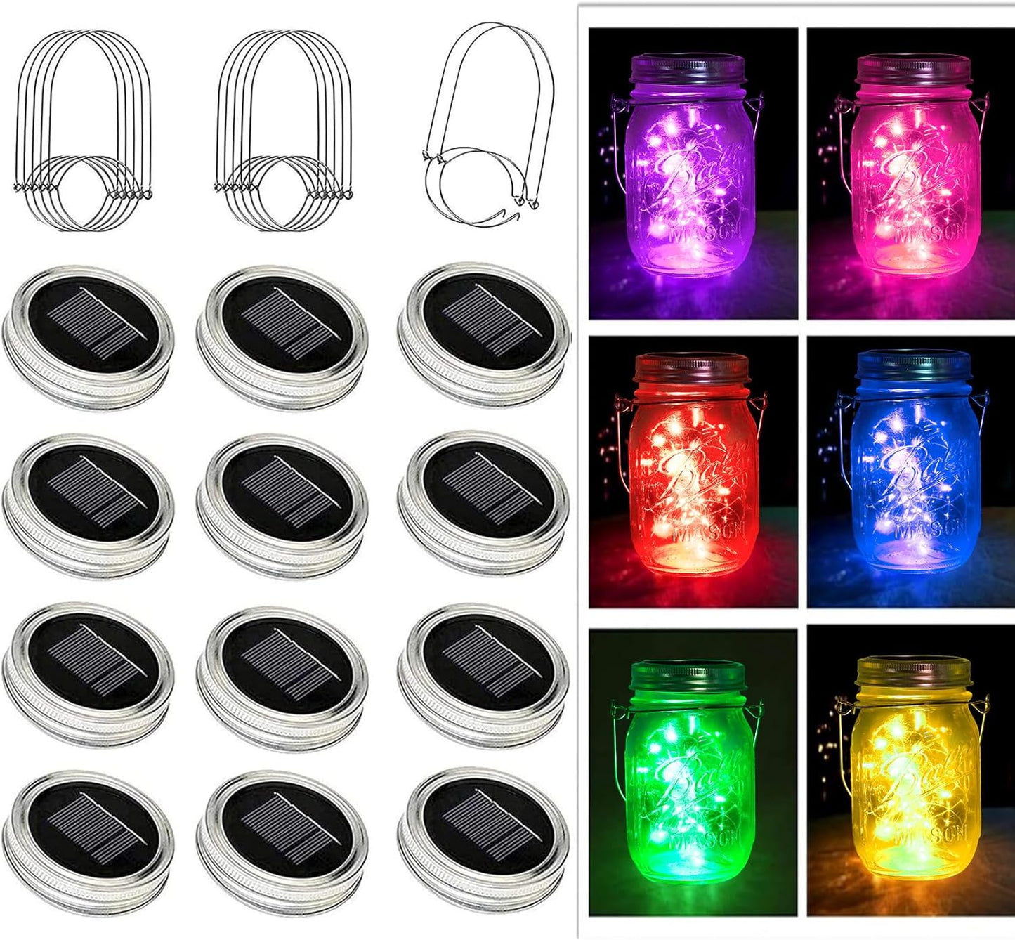 ZNYCYE Mason Jar Solar Lights for Outside, 12 Pack 30LED Fairy Firefly Lights Mason Jar Solar Lids Outdoor Waterproof String Lights with Hangers(NO Jars) for Patio Garden Yard Lawn Decor(6 Colors)