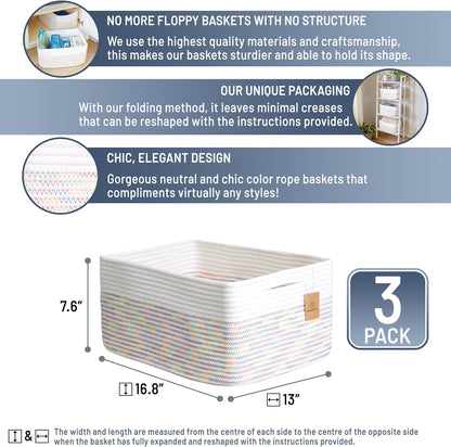 NaturalCozy Storage Baskets 16.8”x13”x7.6” Cotton Rope Woven Baskets for Organizing 3-Pack | Toy Storage Bins | Basket for Shelves, Laundry, Blanket, Clothes, Closet, Kitchen, Bathroom, Gifts