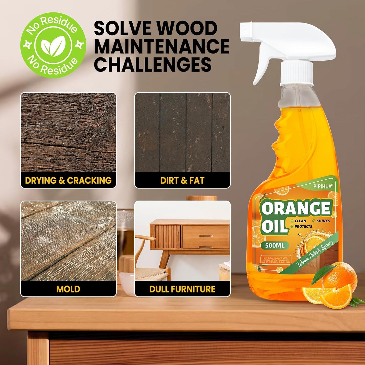 PIPIHUA Wood Oil Polish Spray, Shines & Protects, Wood Cleaner and Furniture Polish for Cabinets Tables Floors 16.9 oz