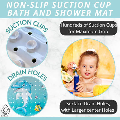 ENKOSI Bath Mat Long 40x16 – Non-Slip Bathtub Mat with Secure Suction Cups & Drain Holes with Fun Dolphin Design - Bathroom Shower Mat for Tub for Kids and Toddlers (Bath Dolphin)