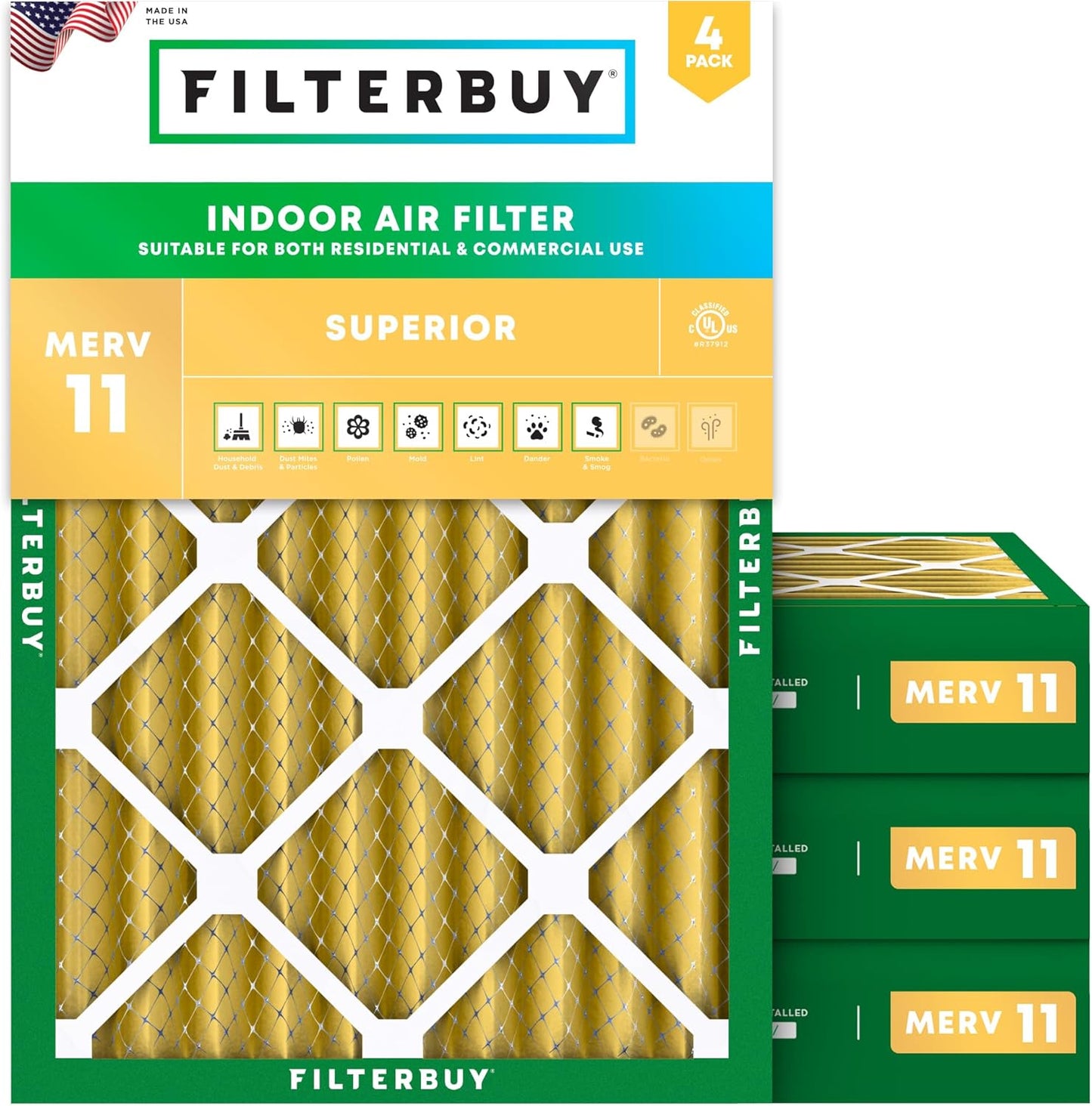 Filterbuy 20x23x4 Air Filter MERV 11 (MPR 1200) Allergen Defense Replacement (4-Pack), Electrostatic Pleated HVAC AC Furnace Filters, Made in USA (Actual Size: 19.50 x 22.50 x 3.63)