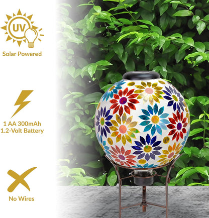 Sunnydaze 10 inch Solar Gazing Ball for Garden - Glass Outdoor Gazing Globe - Midsummer Dahlias