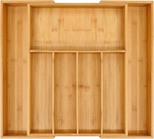 VaeFae Premium Bamboo Drawer Organizer, Expandable Silverware Drawer Organizer, Cutlery Tray with Dividers for Kitchen Utensils (Natural, Large)