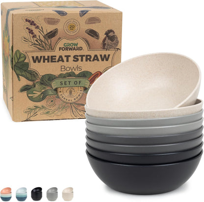 Grow Forward Premium Wheat Straw Bowls - 20oz Microwave Safe Plastic Cereal Bowls Set of 8 for Kitchen, Camping, RV, Dessert, Snack, Soup, Salad, Fruit - Reusable, Unbreakable & BPA Free - Moonlight