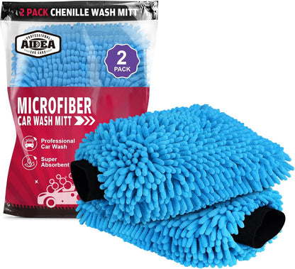 AIDEA Car Wash Mitt Microfiber-2PK, Scratch-Free& Lint-Free, Premium Chenille Microfiber Wash Mitt-Blue Regular Size (7.12''X10.14'')