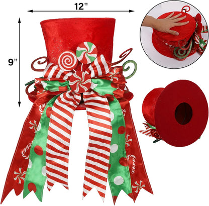 yofit Christmas Tree Topper Hat, Large Red Hat with Striped Bow Ribbon & Lollipop, Christmas Tree Decorations Top Hat, Desktop Ornaments for Home Xmas Holiday Winter Decor