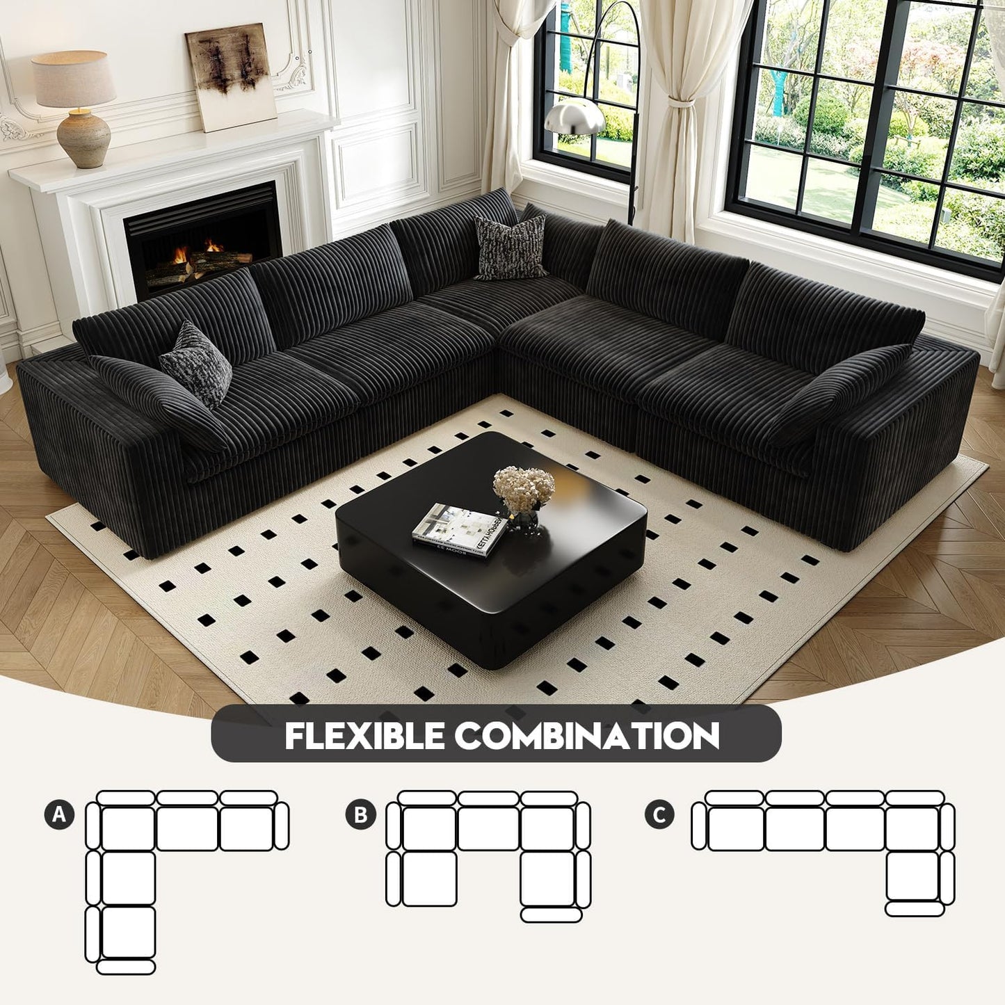 118" Cloud Couch Oversized Modular Sectional Sofa for Living Room,Modern Sofa with Deep Seat，V Shaped Boneless Couch,Comfy Upholstered Corduroy Couches for Apartment, Studio, Office,Bedroom，Black