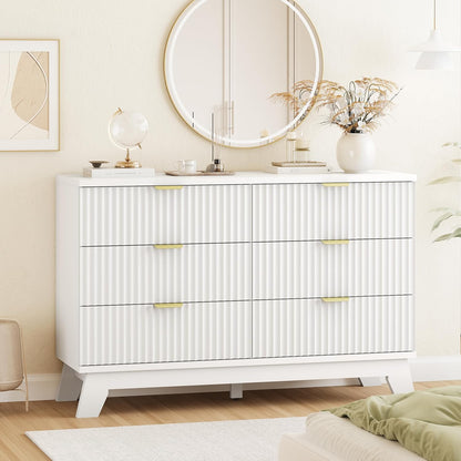 Fluted Dresser for Bedroom with 6 Drawers, 48" Wide Modern Chest of Drawers with Metal Handle, Wooden Dresser TV Stand, Wood Closet Clothes Storage Drawer Organizer for Living Room, Hallway, White