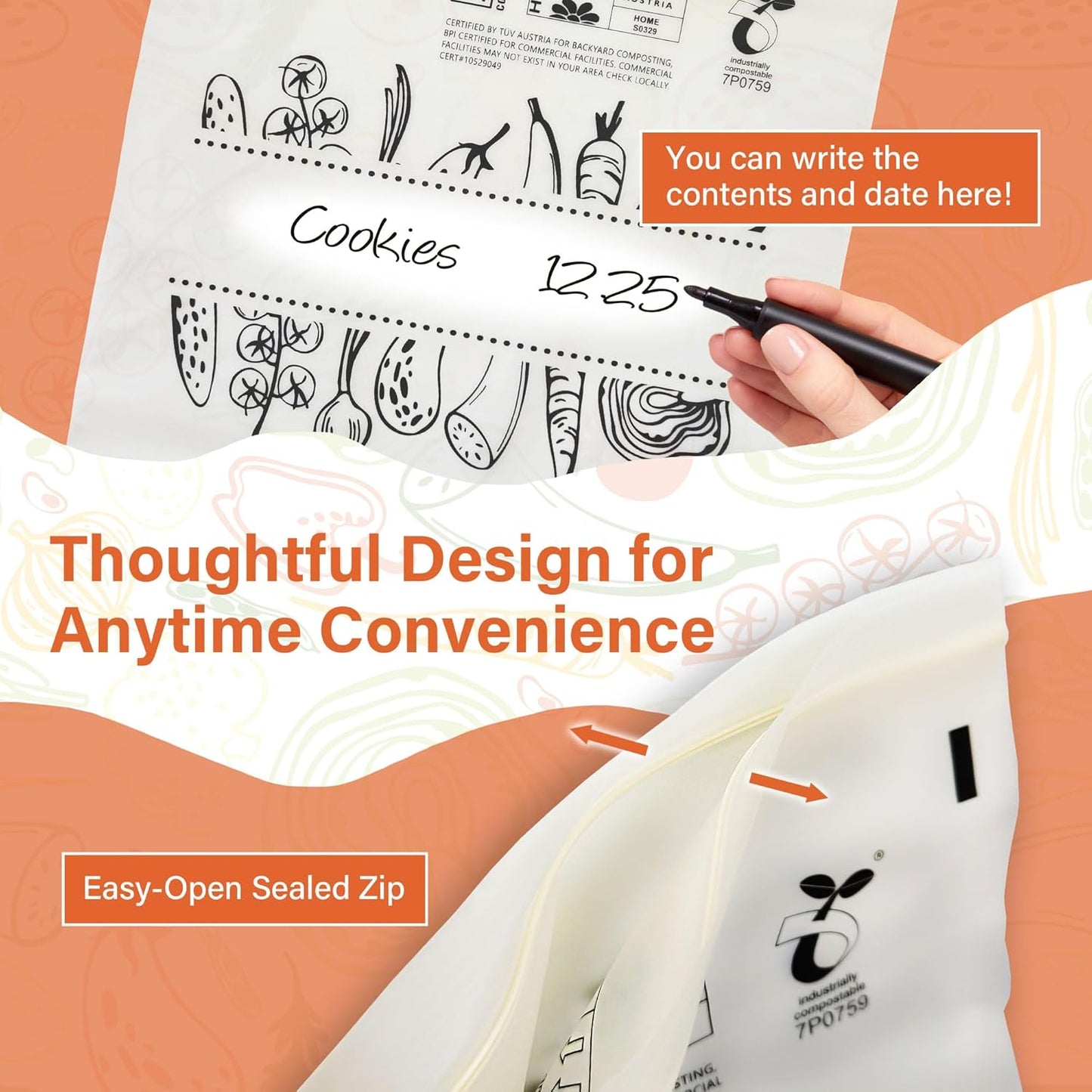 Compostable Food Storage Bags, Resealable Quart Bags, 30 Count, 7 x 7.4 inches, Extra Thick and Reusable, Eco-Friendly, Certified US BPI ASTM D6400 Europe OK Compost