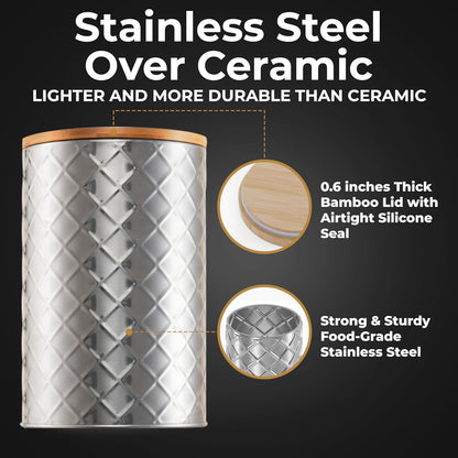 Pebble & Stem® Silver Stainless Steel Canister Set for Kitchen Counter, Food-Grade Canister Set of 4, Airtight Lids, Sugar and Flour Containers for Countertop, Coffee and Tea Storage, Farmhouse Decor