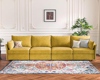 134.6" Modular Sectional Sofa, Oversized 4 Seater Couch with Removable Yellow Chenille Fabric Cover, Deep Seat & High Backrest for Living Room, Office & Apartment