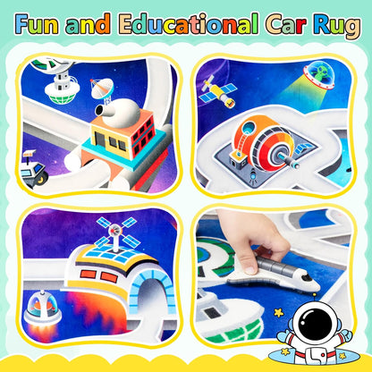Kids Rug, Space Themed Baby Play Mat, 4x6 Ft Playroom Rug, Colorful Cartoon Outer Space, Planet, Rocket, Spaceship Road Carpet for Playroom, Educational Learning Carpet for Kids Mat