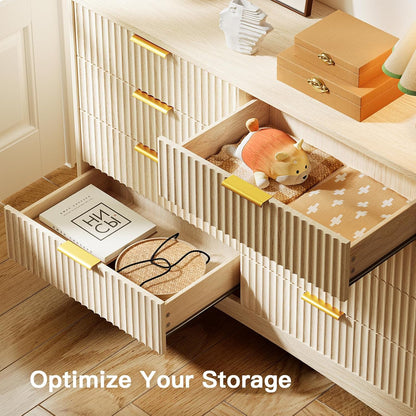 Pipishell Fluted 8 Drawers Dresser, Modern Wood Chest of Drawers, Dressers with Round Edge Design, Dresser TV Stand, Wood Drawer Organizer for Bedroom, Living Room, Hallway, Natural Oak