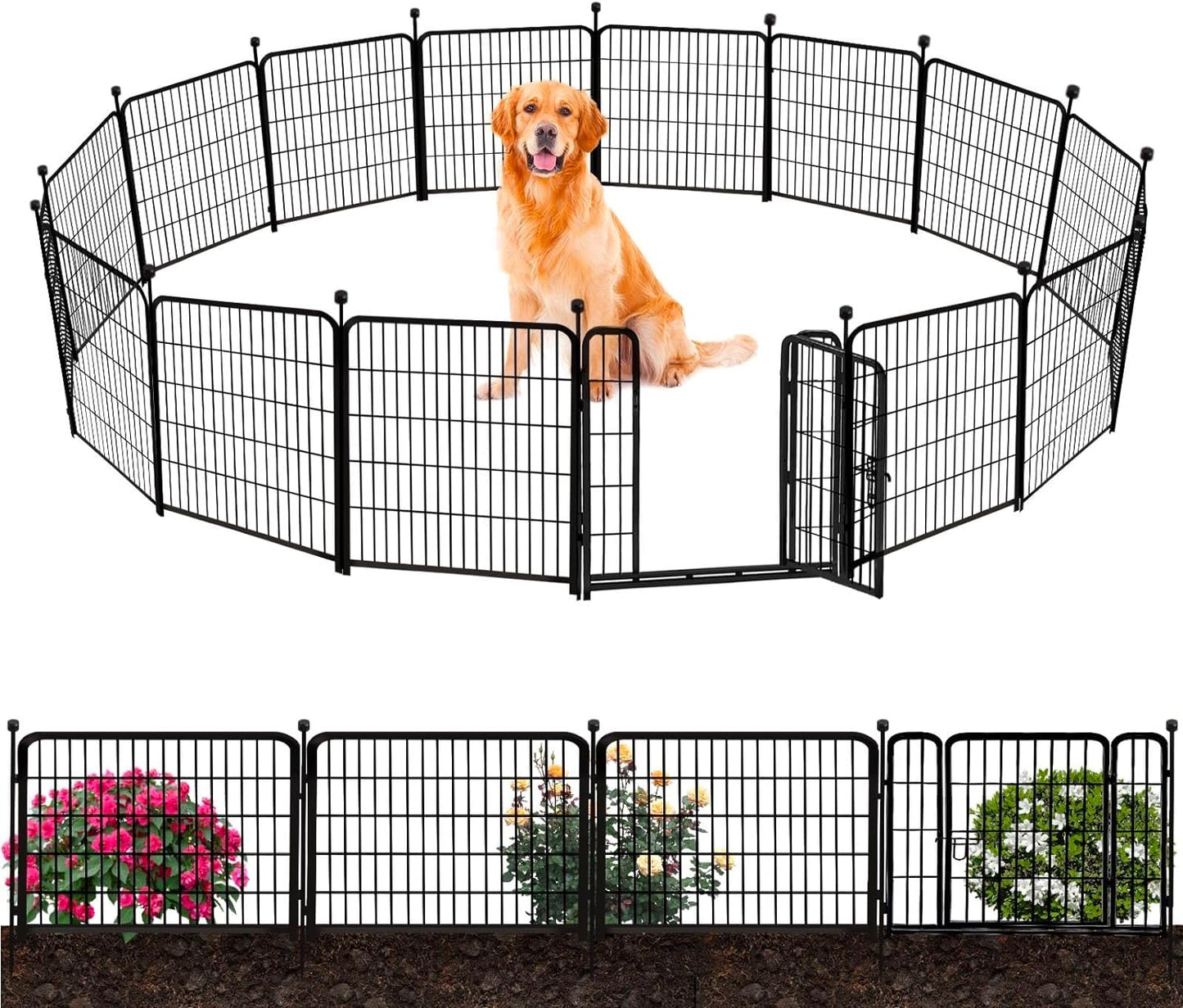 ADAVIN 32 in(H) Garden Fence with Low Threshold Door, 12 Panels Total 26.6 Ft(L) Tall Yard Fence for Dogs, Garden Fences Border, Black Iron Metal Heavy Duty Dog Fencing for Yard or Camping