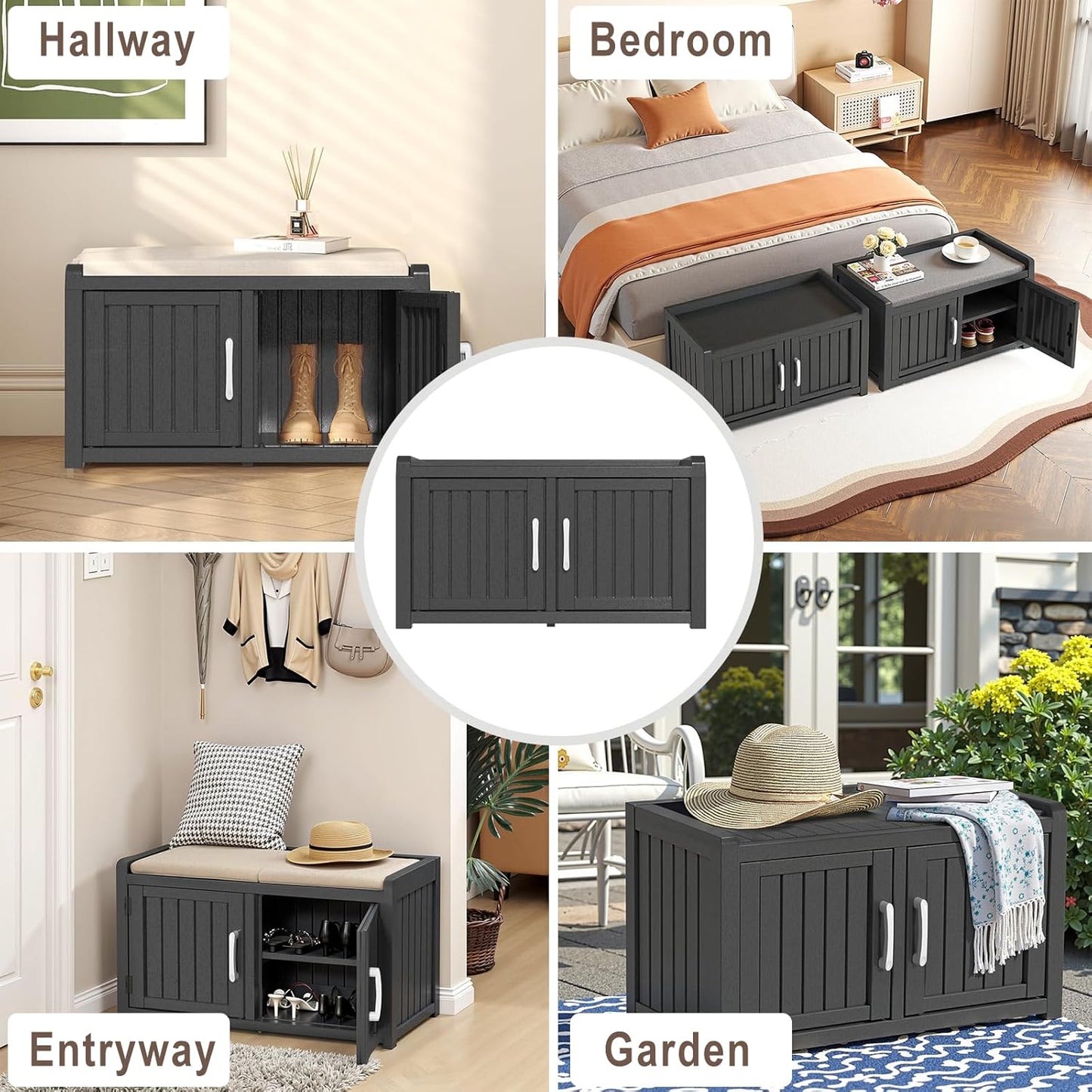 ROJIK Shoe Cabinet Waterproof UV-Resistant,Storage Bench Indoor Outdoor with Adjustable Shelves,for Entryway Bedroom,Hallway,Living Room(Double Door,Black)