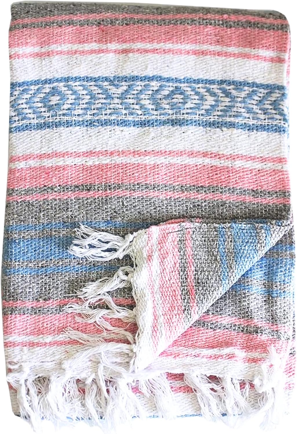 Del Mex Classic Mexican Blanket, Large Authentic Woven Falsa Throw (70"x50"), Artisan Southwest Décor for Beach, Yoga, Outdoors (Light Pink/Blue)