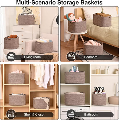 Storage Baskets for Organizing Shelves, Woven Cotton Rope Bins for Baby Nursery Organization, Book Toy Towel Organizer, 15"x11"x9.5", 3 Packs, Dark Brown
