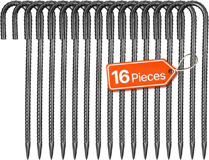 VEVOR Rebar Stakes, 12-Inch, Heavy-Duty 0.4 in Diameter J Hook, Galvanized Steel Ground Anchors with Chisel Point End & Rust-Resistant Coating, for Gardening Support, Fence, Camping Tents (16-Pack)
