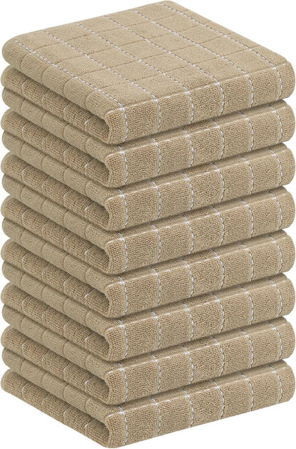 Homaxy 100% Cotton Terry Kitchen Towels(Tan, 13 x 28 inches), Checkered Designed, Soft and Super Absorbent Dish Towels, 8 Pack