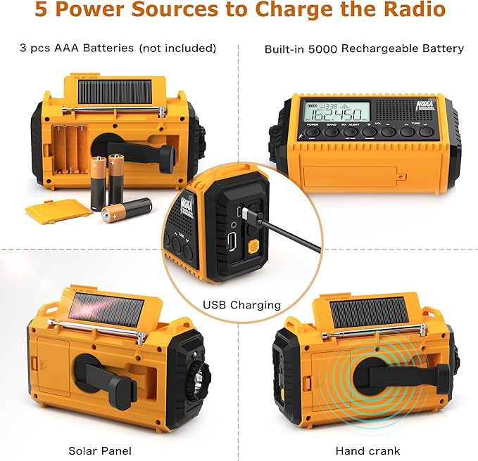 NOAA Emergency Weather Radio - 5000mAh Solar/Hand Crank/Battery AM/FM/SW with USB Charger, LED Flashlight & SOS Alert, Clock, Portable Survival Radio for Power Outage, Hurricanes, Camping
