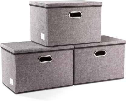 PRANDOM Large Collapsible Storage Bins with Lids [3-Pack] Linen Fabric Foldable Storage Boxes Organizer Containers Baskets Cube with Cover for Home Bedroom Closet Office Nursery (17.7x11.8x11.8)
