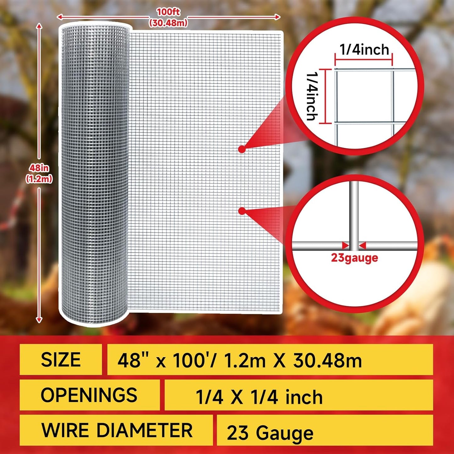 Hardware Cloth,1/4inch 48inx100ft 23 Gauge,Double-Layer Hot-Dip Galvanizing After Welding,Chicken Wire Fence Wire Mesh Fence Poultry Netting Garden Fence Tree Guard Rolls