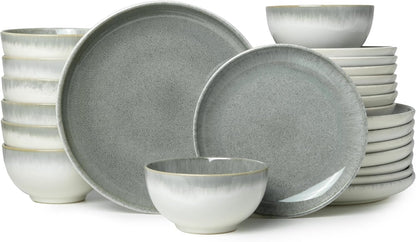 24 Piece Dinnerware Sets for 8, Modern Stoneware Plates and Bowls Sets, Perfect for Family Gatherings & Holiday Celebrations, Easy Cleaning Dishes, Stack Compactly Plate Set, Gradient Green