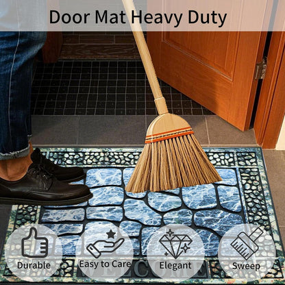 Door Mat Welcome Mat, Heavy Duty Door Mat 17.7 x 29.5 Inch Front Door Mat Rug Doormat for Outdoor Entrance Home Non-Slip Rubber Rug for Front Door, Outside, Entryway, Patio (Blue Welcome)