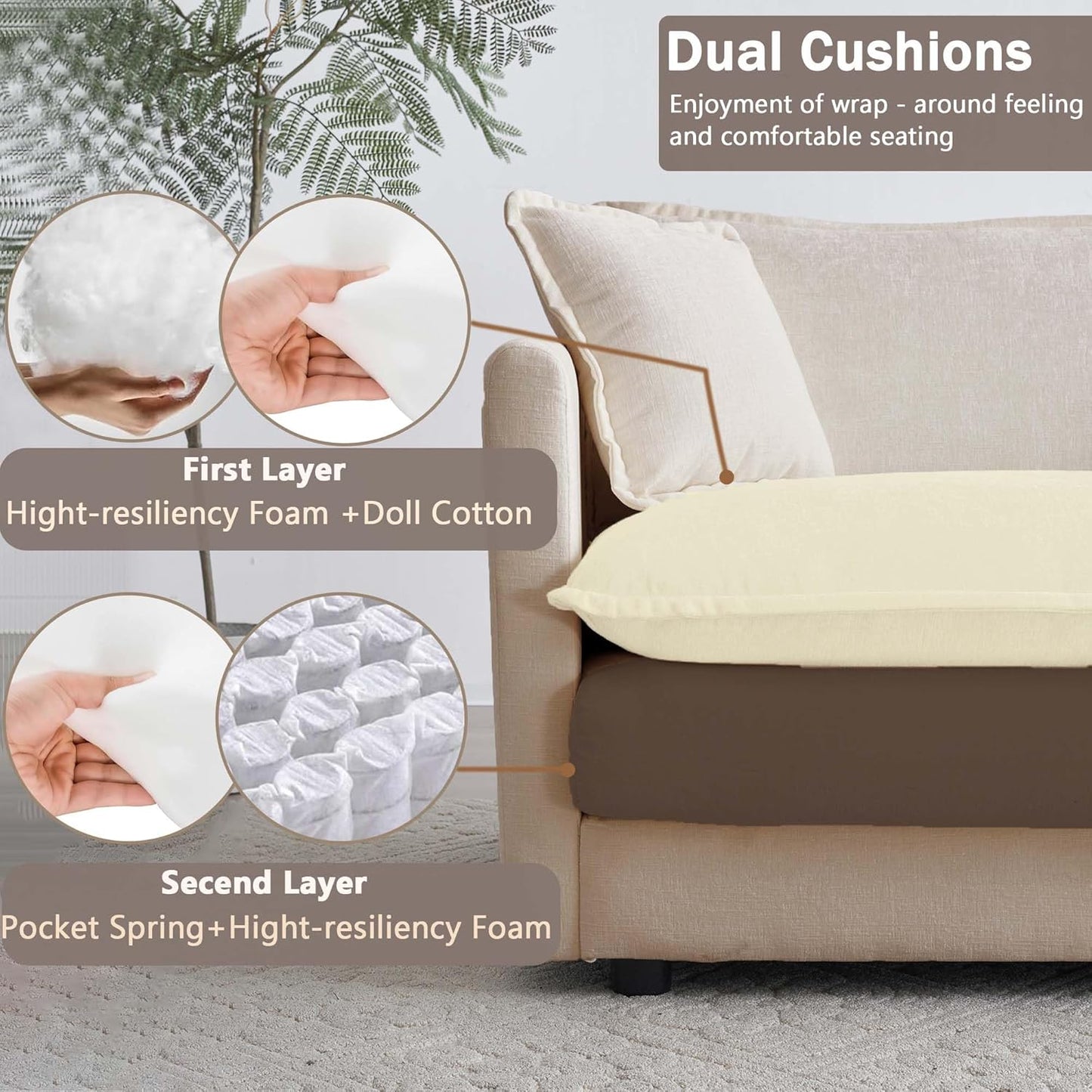 Sectional Sofa 3 Seater with Movable 2 Ottomans,Oversized Modular Couch Deep Seat (Light Coffee, 111.5 inch-U)