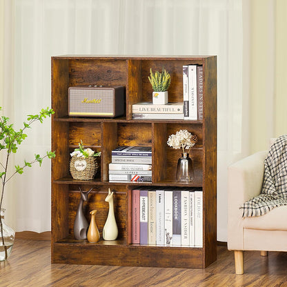 LEYAOYAO 7 Cube Bookshelf with Wood Base, Brown 3 Tier Mid-Century Modern Bookcase,Standing Wide Bookshelves Storage Organizer Shelf,Rustic Display Cabinet Book Shelves for Bedroom,Living Room,Office