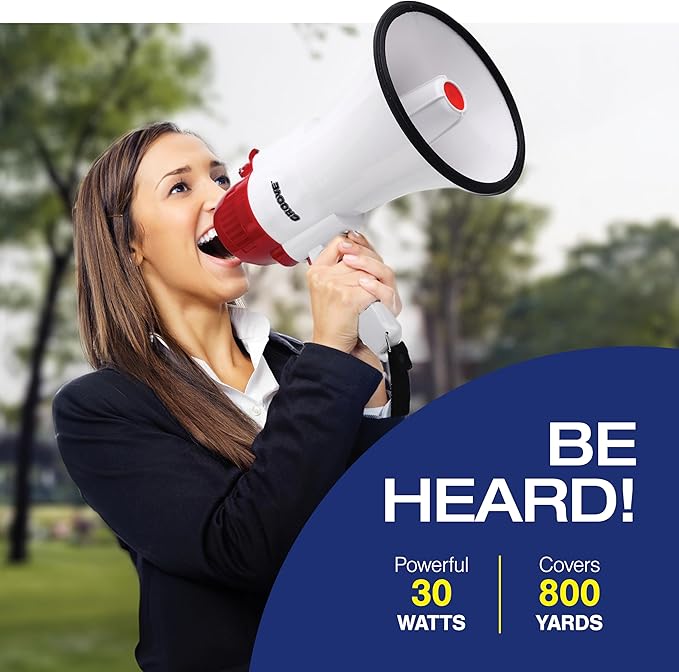 Croove Portable Megaphone Loud Speaker, Bullhorn with Siren Music, Volume Control, 30 Watt Mini Bull Horn, 800 Yard Voice Range Mega Phone, Noise Makers, Sporting Essentials for Coach, Camp Counselor