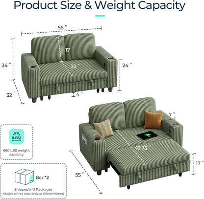 LINSY HOME Loveseat Sofa with Pull Out Couch Chaise: 2-in-1 Convertible 2 Seater Sofa with USB Charging & Cup Holders, Comfy Plush Corduroy Love Seat for Small Spaces Living Room Apartment, Green