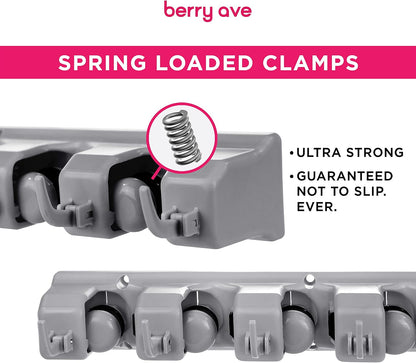 Combo 5 Slot Broom Holder w/ 1 Self Adhesive Mop Gripper No-Drilling, Wall Mount Tool Organizers For Kitchen, Garage, Laundry Room- Anti-Slip Hanger For Brooms, Mops, Rakes, Dustpans (Grey / White)