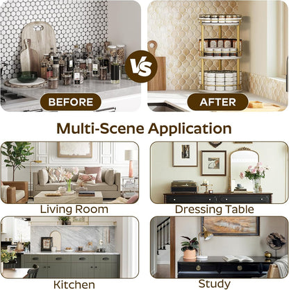 3-Tier Lazy Susan, Rotating Spice Rack, Spinning Organizer, Industrial Turntable Spice Rack for Cabinet, Kitchen Countertop, Pantry, White and Gold SR23DW