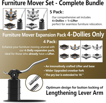 ONEON Furniture Mover Pro Set - Enhanced Dolly and Lifter with Custom TPE Wheels for Easy Furniture Lifting and Moving - Professional Tool for Effortless Furniture Transport (Black 4Dollies + 1Lifter)