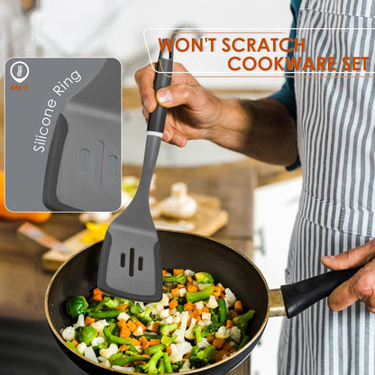 Kitchen Cooking Utensils Set, Non-Stick Spatula Set with Rotating Stand, 6 PCS Silicone Utensils Set for Cooking, 400°F Heat Resistant, Kitchen Gadgets with Nylon Handle & Stable Holder, Dark Grey